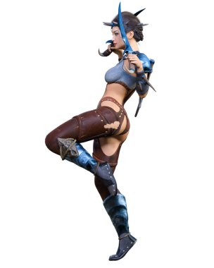 Hançerli savaşçı amazon kadın. Kaslı atletik vücut. Deri elbiseli fantezi kahraman..