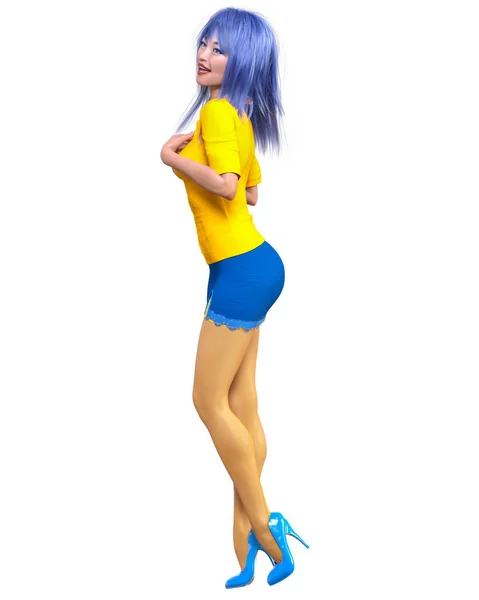3D Render Sexy Anime Woman Slim Female Legs.Blue Pants.Lace Garter