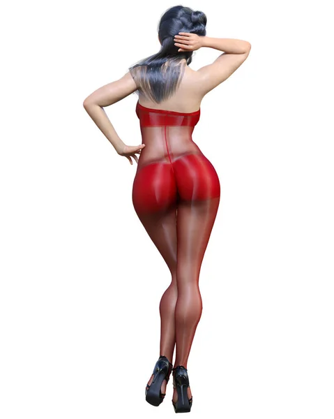 Рендеринг Красивой Сексуальной Японской Девушки Красный Bodystocking Curves Форме Girl — стоковое фото
