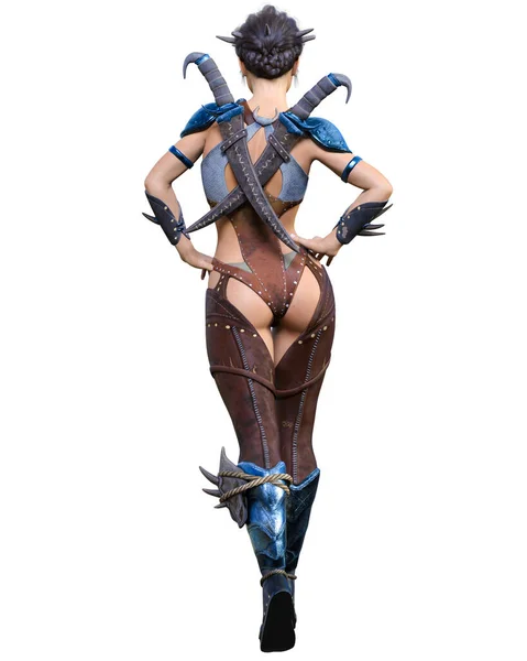 Warrior Amazon Woman Daggers Muscular Athletic Body Fantasy Hero Leather — Stock Photo, Image