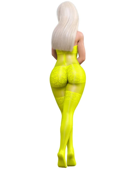 Vykreslit Krásné Sexy Blondýny Dívka Žlutá Bodystocking Curves Tvar Dívka — Stock fotografie