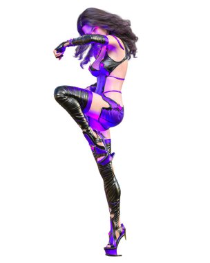 3D Japon suikastçı Amazon kadın. Fütürist neon parıltılı kostüm. Komedi kahramanı. Çizgi film, çizgi roman, manga illüstrasyonu.