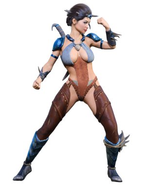 Hançerli savaşçı amazon kadın. Kaslı atletik vücut. Deri elbiseli fantezi kahraman..