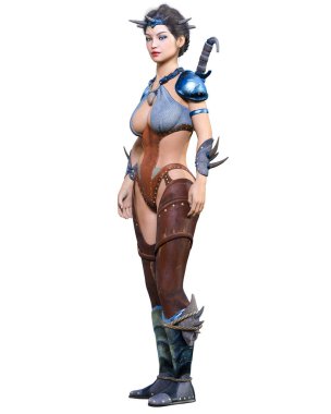 Hançerli savaşçı amazon kadın. Kaslı atletik vücut. Deri elbiseli fantezi kahraman..