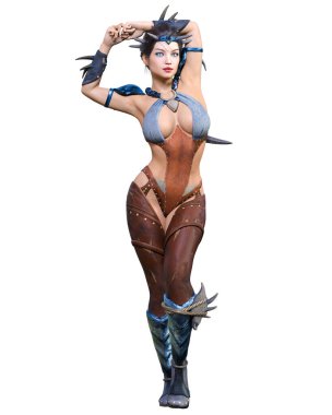 Hançerli savaşçı amazon kadın. Kaslı atletik vücut. Deri elbiseli fantezi kahraman..