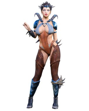 Hançerli savaşçı amazon kadın. Kaslı atletik vücut. Deri elbiseli fantezi kahraman..