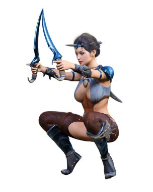 Hançerli savaşçı amazon kadın. Kaslı atletik vücut. Deri elbiseli fantezi kahraman..