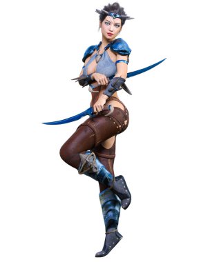 Hançerli savaşçı amazon kadın. Kaslı atletik vücut. Deri elbiseli fantezi kahraman..