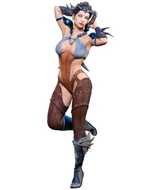 Hançerli savaşçı amazon kadın. Kaslı atletik vücut. Deri elbiseli fantezi kahraman..