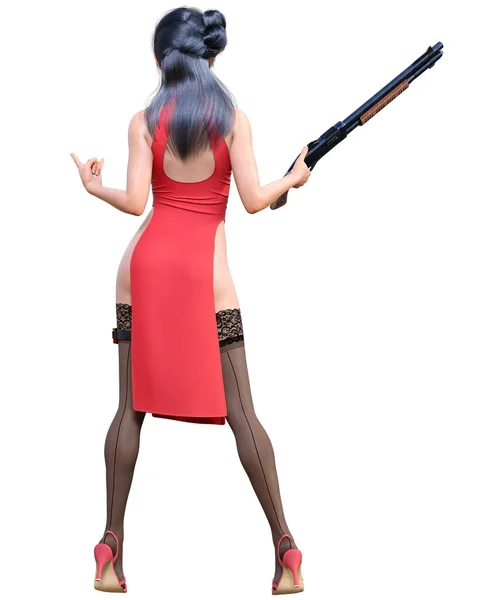 3D日本战士亚马逊女子霰弹枪渲染 长裙与片片 漫画角色扮演英雄 概念时尚艺术 诱惑坦率的假设 孤立无援 — 图库照片