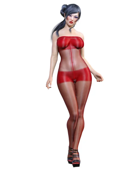 Rendern Schöne Sexy Japanische Mädchen Rote Bodystocking Curves Form Girl — Stockfoto