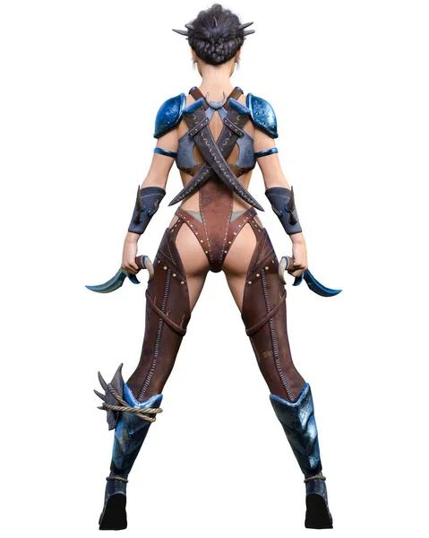 Warrior Amazon Woman Daggers Muscular Athletic Body Fantasy Hero Leather — 스톡 사진