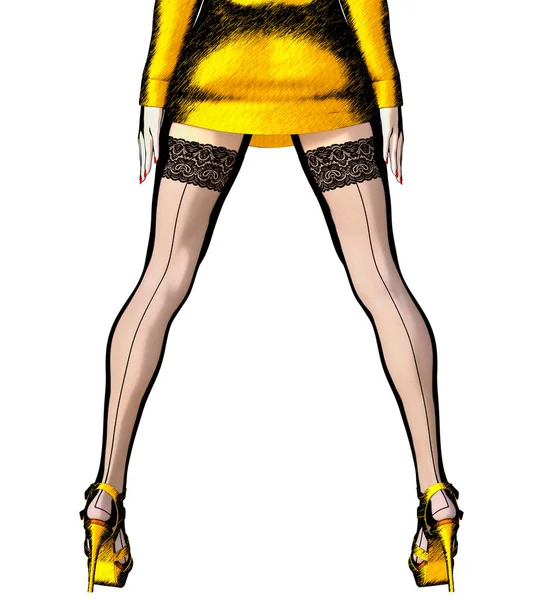 Beautiful Long Slender Sexy Female Legs Short Skirt Stockings Outerwear — Stock Photo, Image