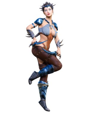 Hançerli savaşçı amazon kadın. Kaslı atletik vücut. Deri elbiseli fantezi kahraman..