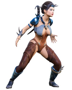 Hançerli savaşçı amazon kadın. Kaslı atletik vücut. Deri elbiseli fantezi kahraman..
