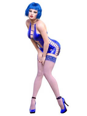 Güzel kadın kısa gece lateks mini elbise ve çorap. Giysi koleksiyonu. Kadın stüdyo fotoğrafı. Kavramsal moda sanatı..