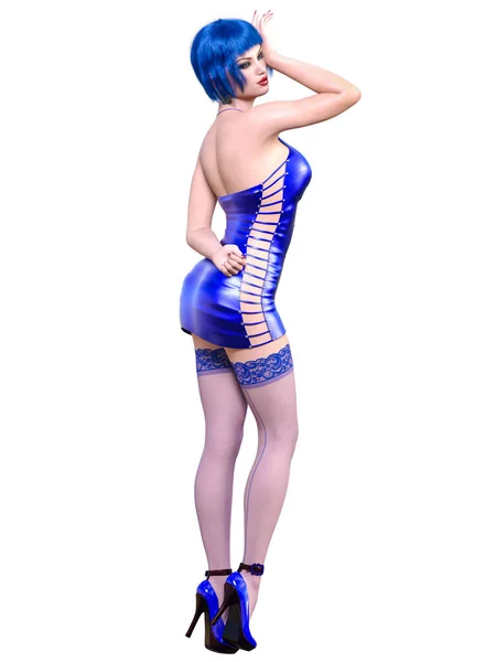 Beautiful Woman Blue Short Evening Latex Mini Dress Stocking Summer — Stock Photo, Image