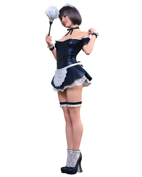 Mooie Sexy Aantrekkelijke Vrouw Meid Uniform Housemaid Korte Zwarte Latex — Stockfoto