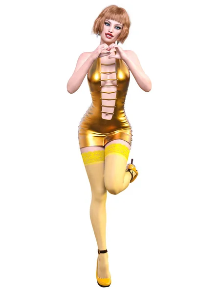 美丽的女人黄色的短晚礼服和长袜 夏装系列 妇女工作室摄影 概念时尚艺术 女性脂肪 3D渲染 — 图库照片