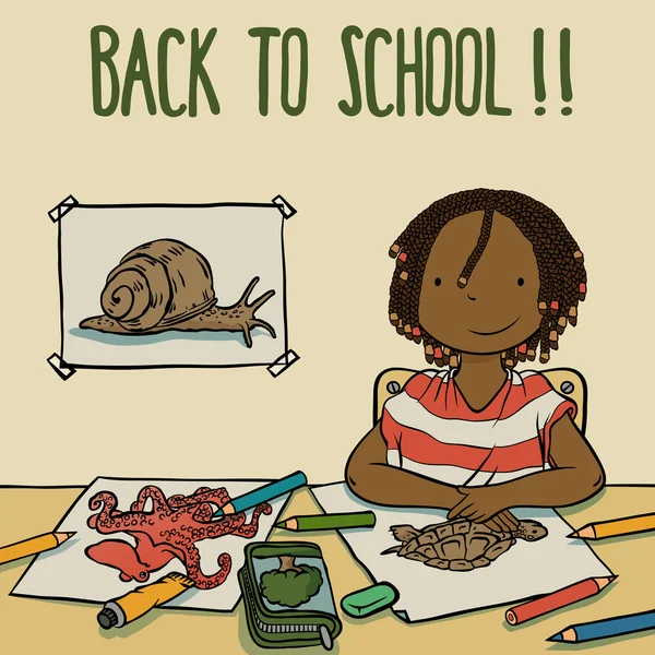 Pewnie dziewczyna rysunek zwierzęta w szkole - powrót do tematu szkoły. — Wektor stockowy