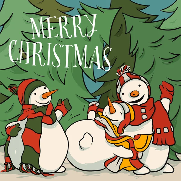 Snögubbe leker i snön - julkort illustration för barn, traditionella vinter-tema. — Stock vektor