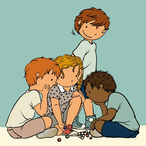Grupo multiétnico de crianças jogando mármores - Jogos tradicionais de infância . —  Vetores de Stock