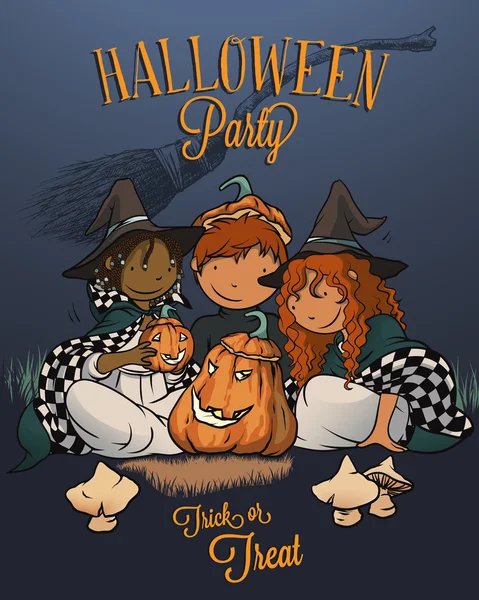 Dzieci bawiąc się jack-o latarnia, ręka ciągnione czarownica miotła na tle - halloween party plakat ilustracja dla dzieci. — Wektor stockowy