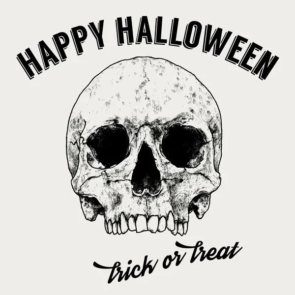 Halloween-groeten label, hand getrokken schedel, vintage typografie, vector design — Stockvector