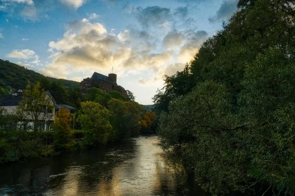 Rio Rur Castelo Histórico Heimbach Nascer Sol — Fotografia de Stock