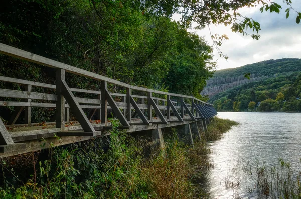 Madeira Panorama Ponte Reservatório Rur Nas Montanhas Eifel — Fotografia de Stock