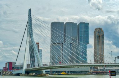 Köprü ve ufuk çizgisi nehir kenarında Maas ve Rotterdam 'da gemi