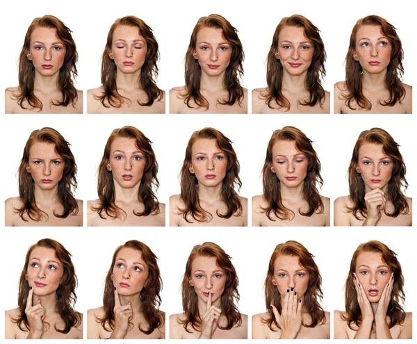 Portretten van sproeterig meisje met expressies — Stockfoto