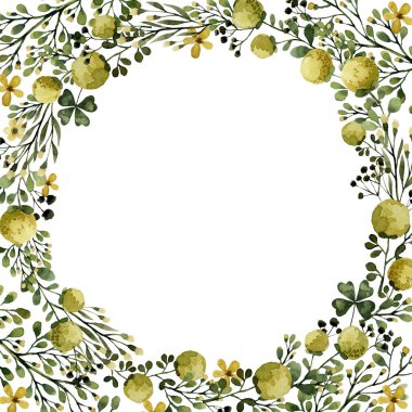 Sarı çiçekler ve bitkiler suluboya, yeşil bitkisel organik şablon çerçeve çizimi, el çizimi