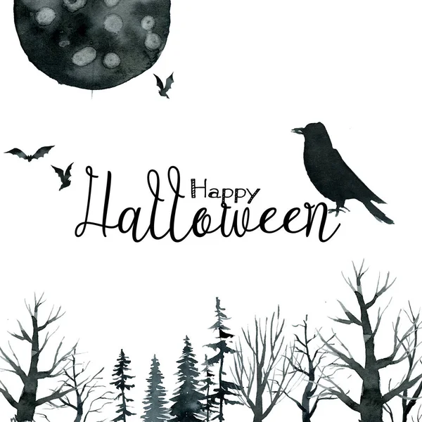 Crow Forest Halloween Card Watercolor — Stock Photo, Image