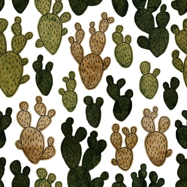 コラージュ シームレスなパターン 手作りのイラストから緑の刺繍サボテン — ストック写真