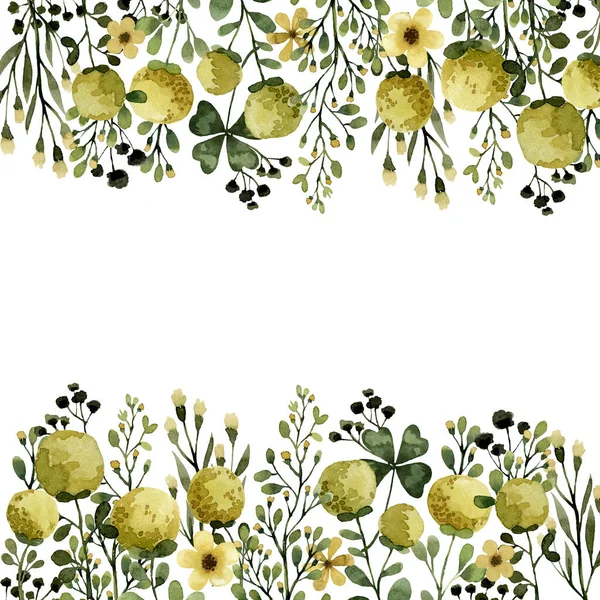 Желтые Цветы Растения Акварель Зеленые Травяные Органические Природные Шаблоны Рамка — стоковое фото