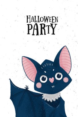 Mavi yarasa, cadılar bayramı şirin kartı, el çizimi