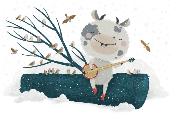 Anno Nuovo Paesaggio Invernale Toro Giocare Banjo Disegno Illustrazione Uccelli — Foto Stock