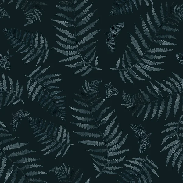 indigo fern and moths branch blue indigo watercolor hand drawing seamless pattern illustration