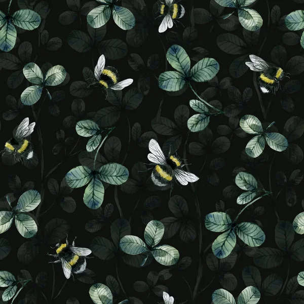Klee Und Hummel Aquarell Grüne Pflanzliche Organische Natur Florale Nahtlose — Stockfoto