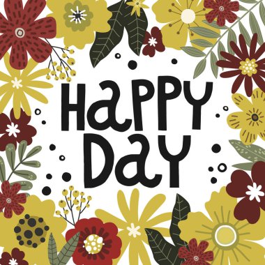 Çiçek buketi, harf mutluluk günü, vektör el tebrik kartı şablonu çiziyor