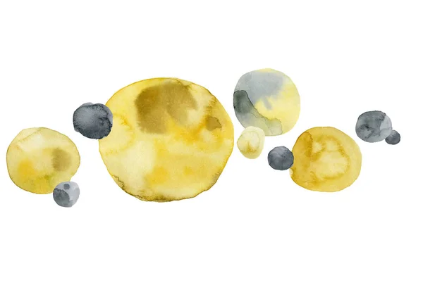 Komposition gul grå fläckar cirklar, bakgrund abstrakt, textur akvarell, hand ritning, — Stockfoto