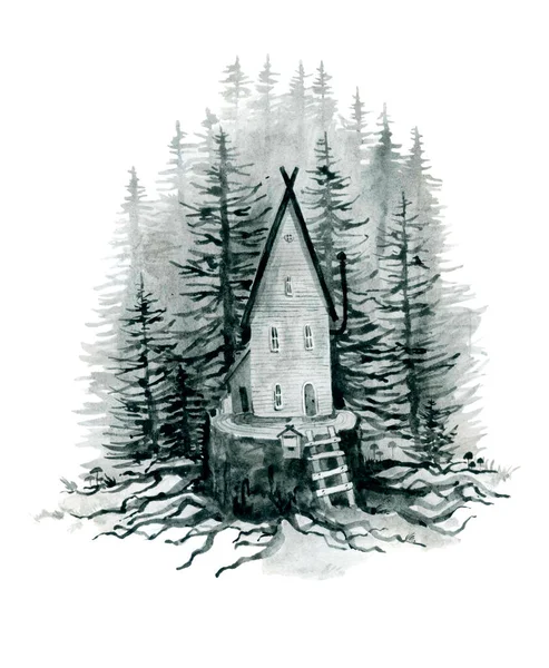 Σπίτι Ένα Δέντρο Κομμένα Και Ερυθρελάτης Δάσος Μονόχρωμο Μαύρο Σχέδιο — Φωτογραφία Αρχείου