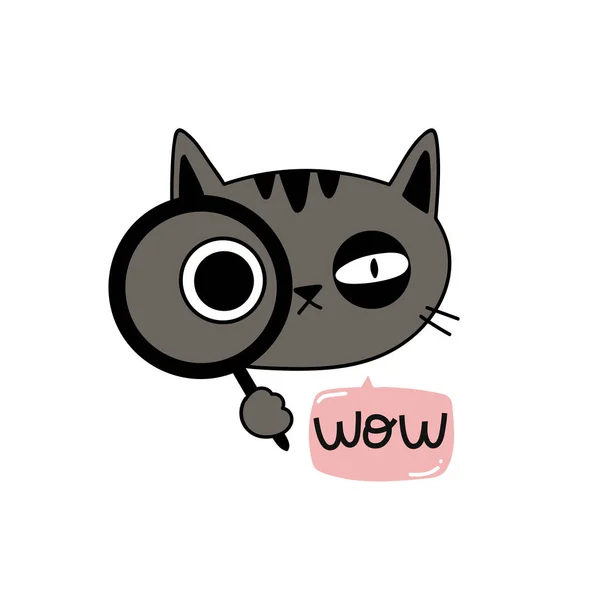 Roztomilý šedá kočka s lupou, nálepka kreslený vektor, nápis — Stockový vektor