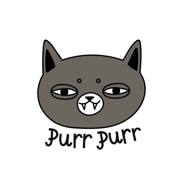 Lindo gato gris sonriendo y dientes, pegatina vector de dibujos animados, ronroneo de letras — Vector de stock