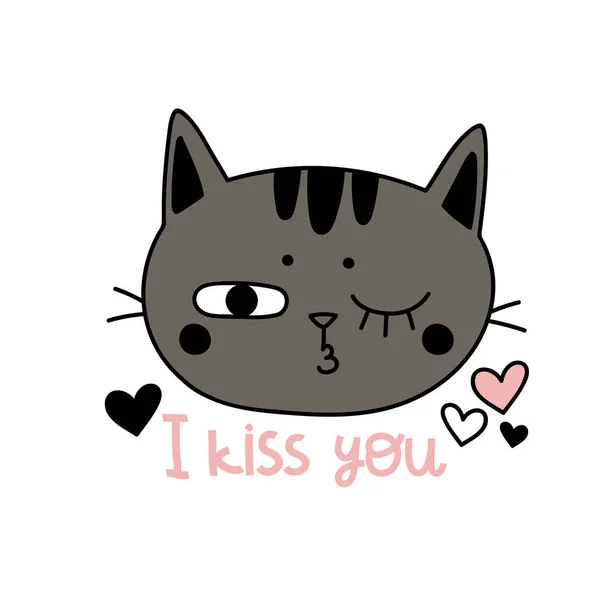 Lindo gato gris beso vector de dibujos animados, letras sobre el amor, tarjeta para el día de San Valentín — Archivo Imágenes Vectoriales