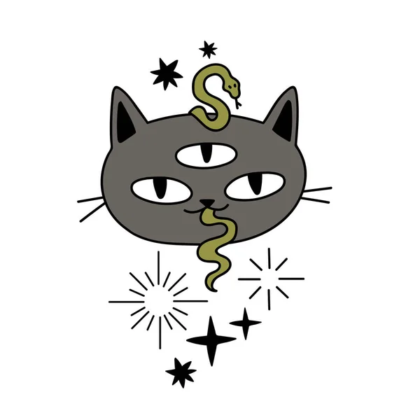 Chat gris magique avec trois yeux et un serpent, vecteur de dessin animé, carte postale — Image vectorielle