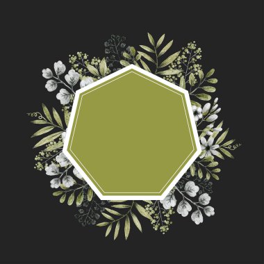Geometrik şekil çerçevesi, yeşil ve gri yapraklar, dallar ve çiçekler, kalem çizimi, davetiye düğününün tasarımı ve logosu için şablon, arkaplan