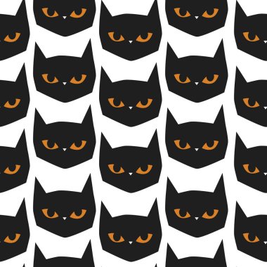 Cadılar Bayramı kedisi, klasik renkler siyah turuncu, kusursuz desen, el çizimi.