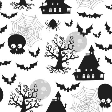 Cadılar Bayramı manzaralı bir ev, klasik renkler siyah, pürüzsüz desen, el çizimi